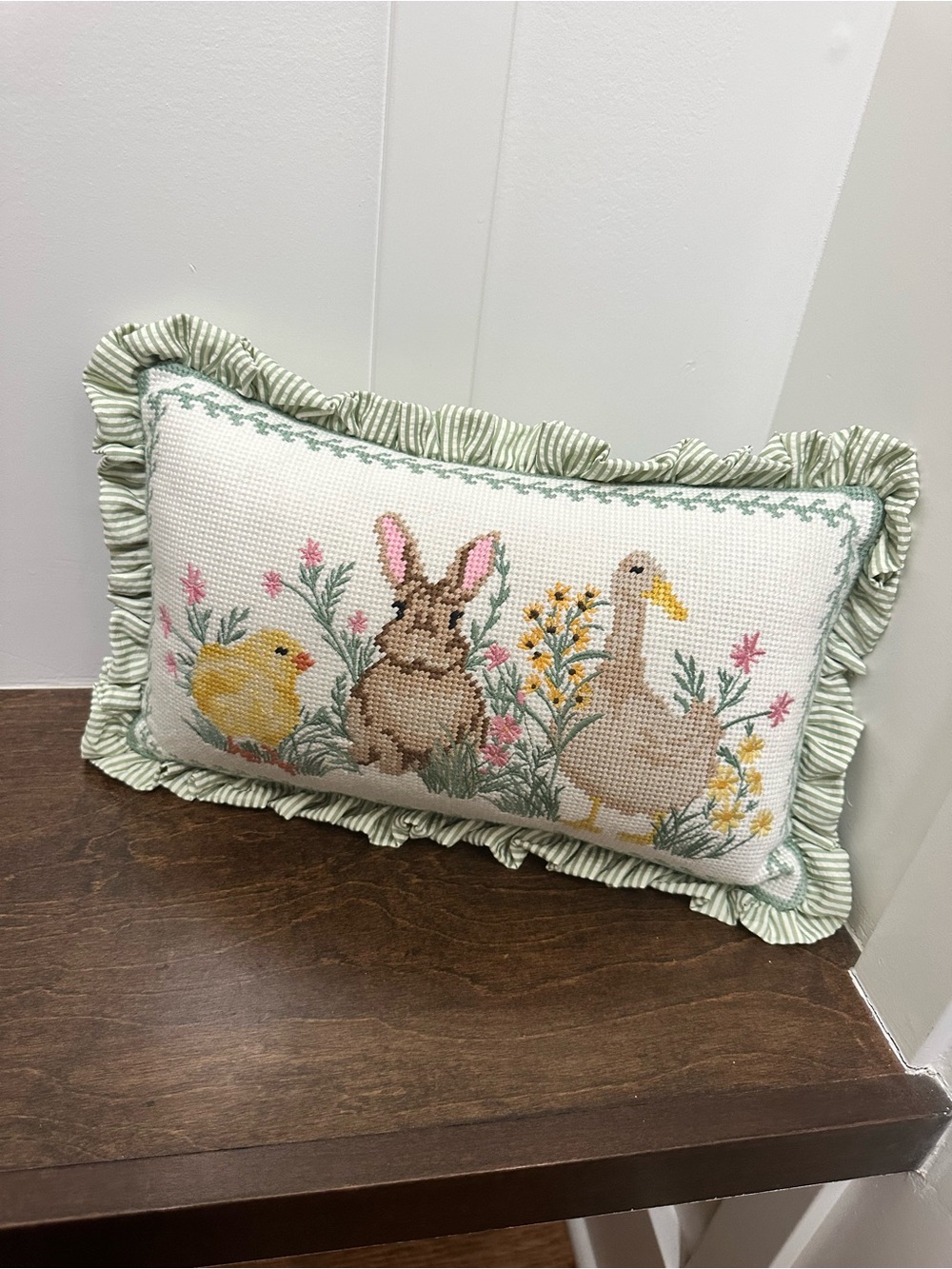 Easter Needlepoint Pillow Chick Bunny Duckling Floral GrannyCore Cottage 17 x 10 - Picture 2 of 10